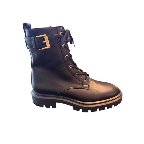 Stuart Weitzman Ultra Lug Sole Buckle Combat Boots Lace Up Leather Black Size 10 - Picture 2 of 9